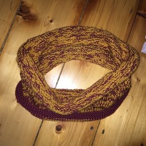 Hand knit mustard / maroon infinity scarf
